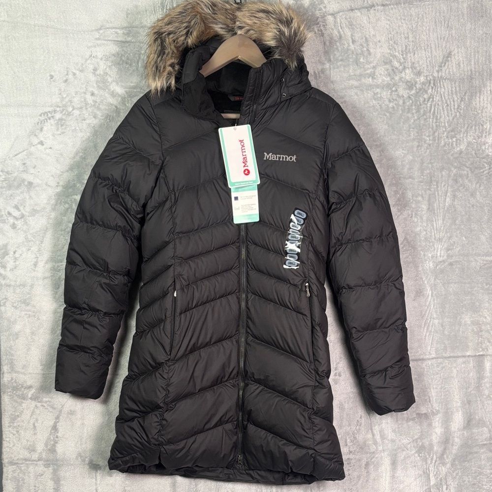 NWT New Marmot Black Montreal 700 Down Faux Fur Hooded Parka Coat Size Small